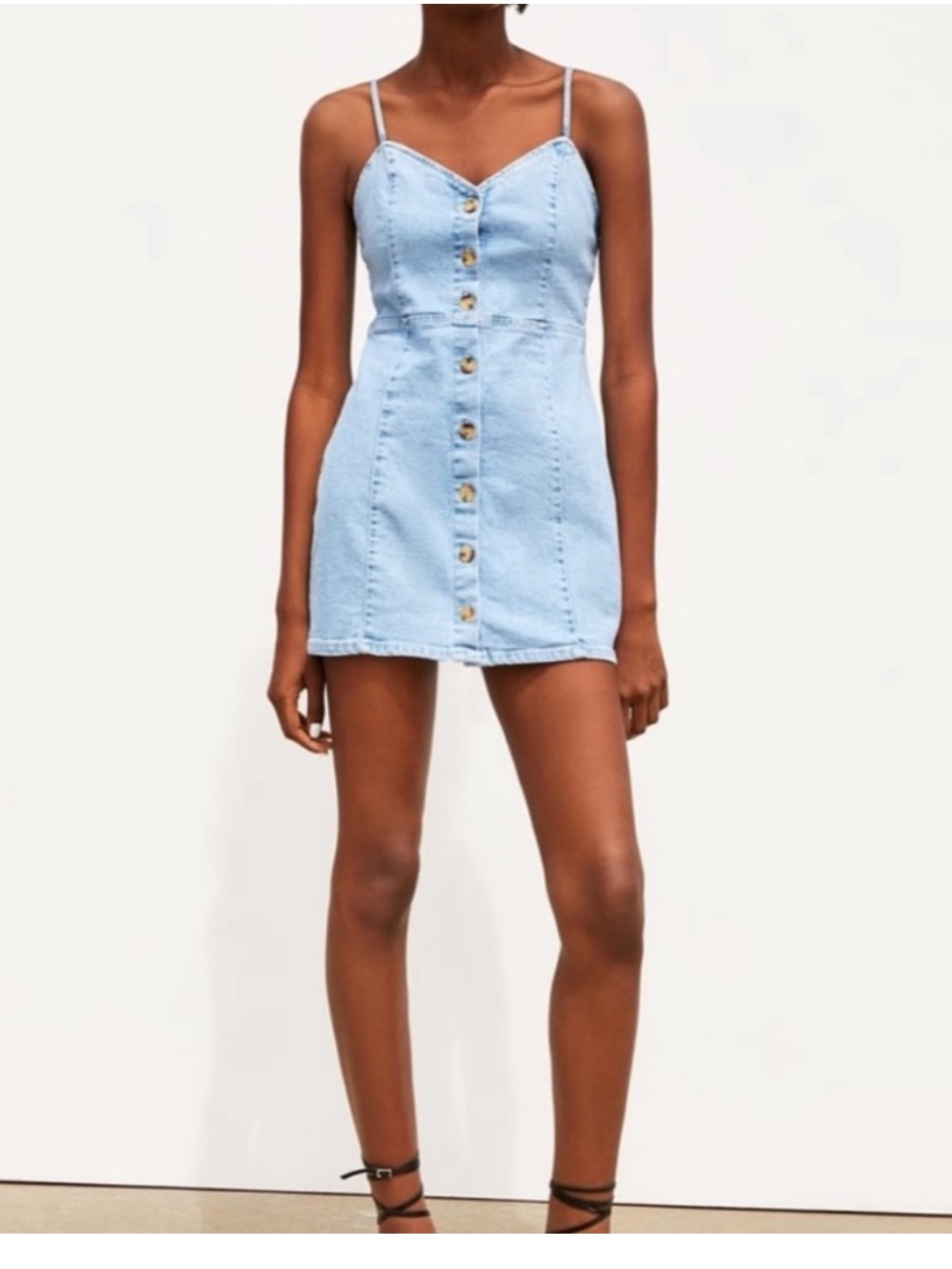 Zara light wash denim button front mini dress spaghetti strap